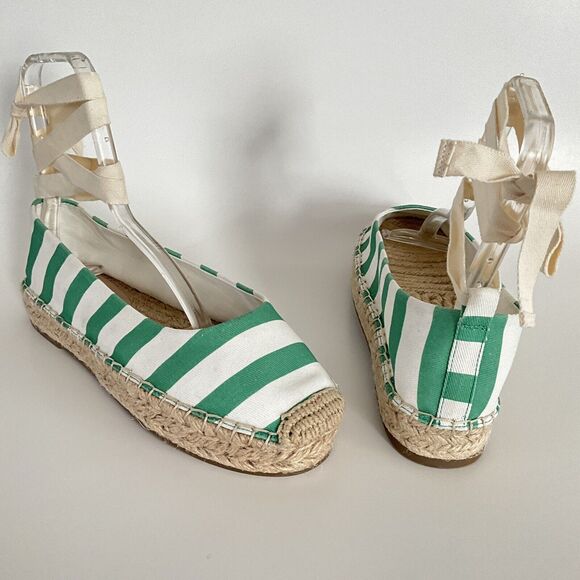 Draper James Platform Women 10M Green White Awning Stripe Tie Ankle Espadrille - Picture 3 of 12